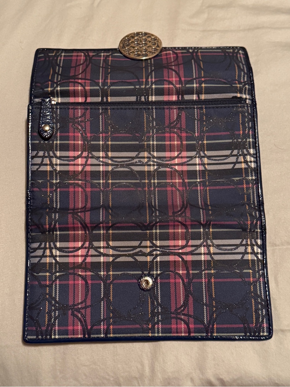 A Coach Plaid Trifold Wallet with Decorative Silver Signature Medallion - Picture 10 of 11